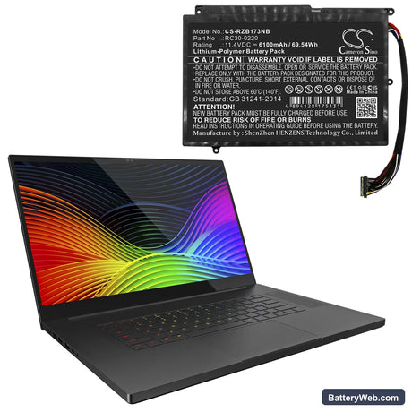 Razer Blade Pro GTX 1060 Replacement Battery, 11.4V, 6100mAh, Li-Polymer 6