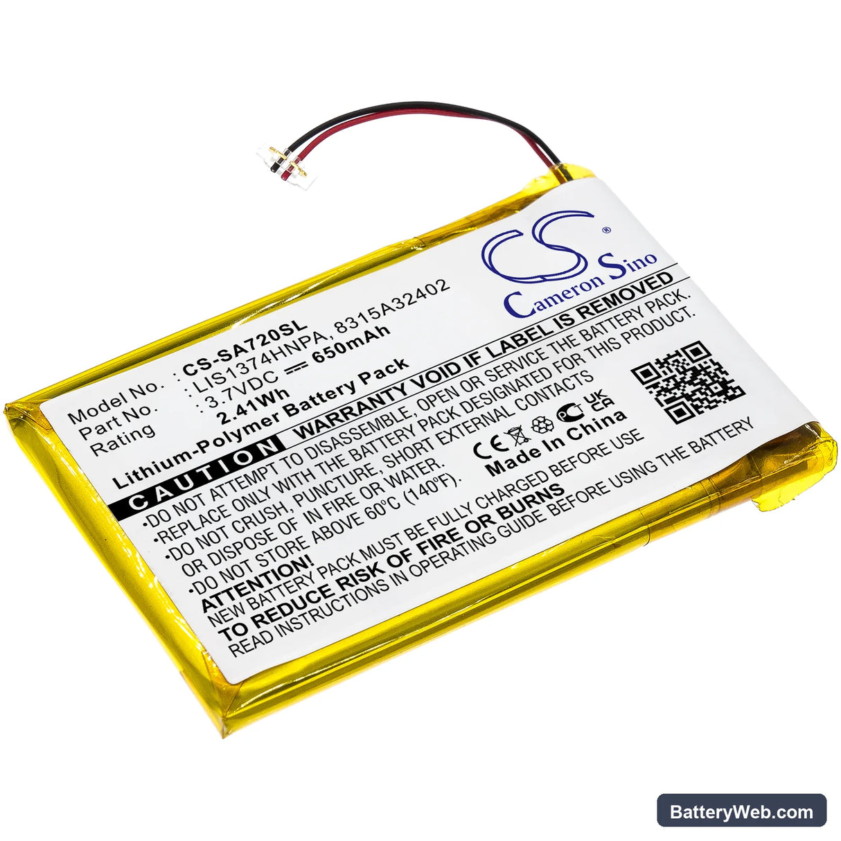 Sony NWZ-A720 Replacement Battery, 3.7V, 650mAh, Li-Polymer 1