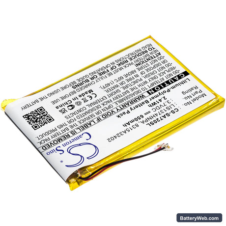 Sony NWZ-A720 Replacement Battery, 3.7V, 650mAh, Li-Polymer 2