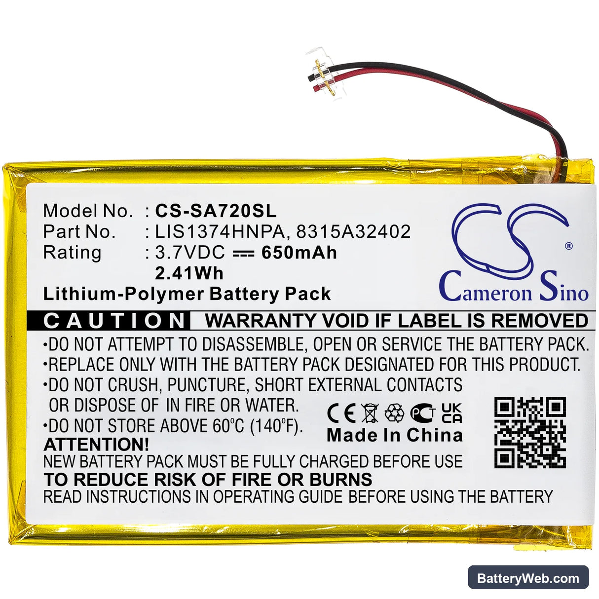 Sony NWZ-A720 Replacement Battery, 3.7V, 650mAh, Li-Polymer 3