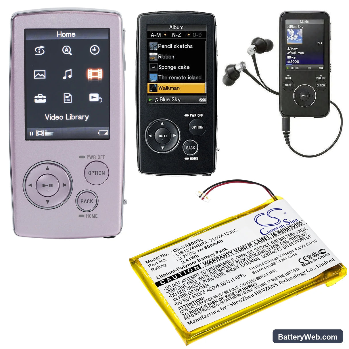 Sony NWZ-A801 Replacement Battery, 3.7V, 650mAh, Li-Polymer 6