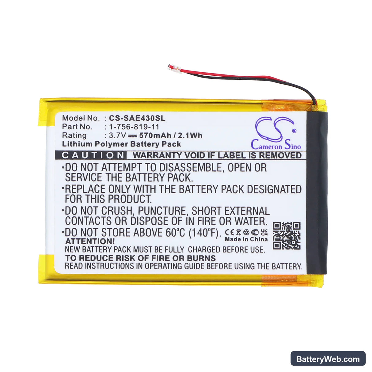 Sony NW-E435 Replacement Battery, 3.7V, 570mAh, Li-Polymer 3