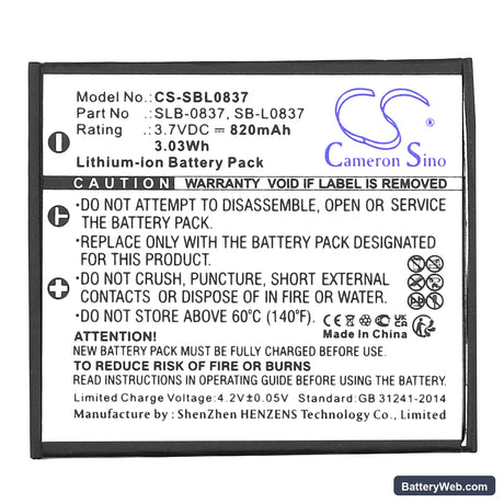 Samsung Digimax i6 PMP Replacement Battery, 3.7V, 820mAh, Li-ion 3