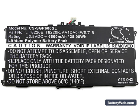 Samsung SM-P600 Replacement Battery, 3.8V, 6600mAh, Li-Polymer 3