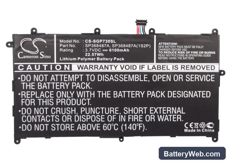 Samsung Galaxy Tab 8.9 Replacement Battery, 3.7V, 6100mAh, Li-Polymer 6