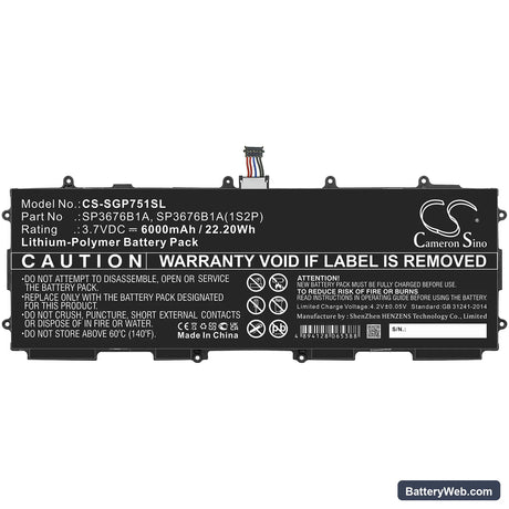 Samsung GT-P7510 Replacement Battery, 3.7V, 6000mAh, Li-Polymer 3