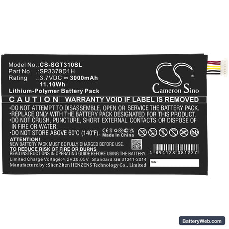 Samsung Galaxy Tab3 Replacement Battery, 3.7V, 3000mAh, Li-Polymer 3