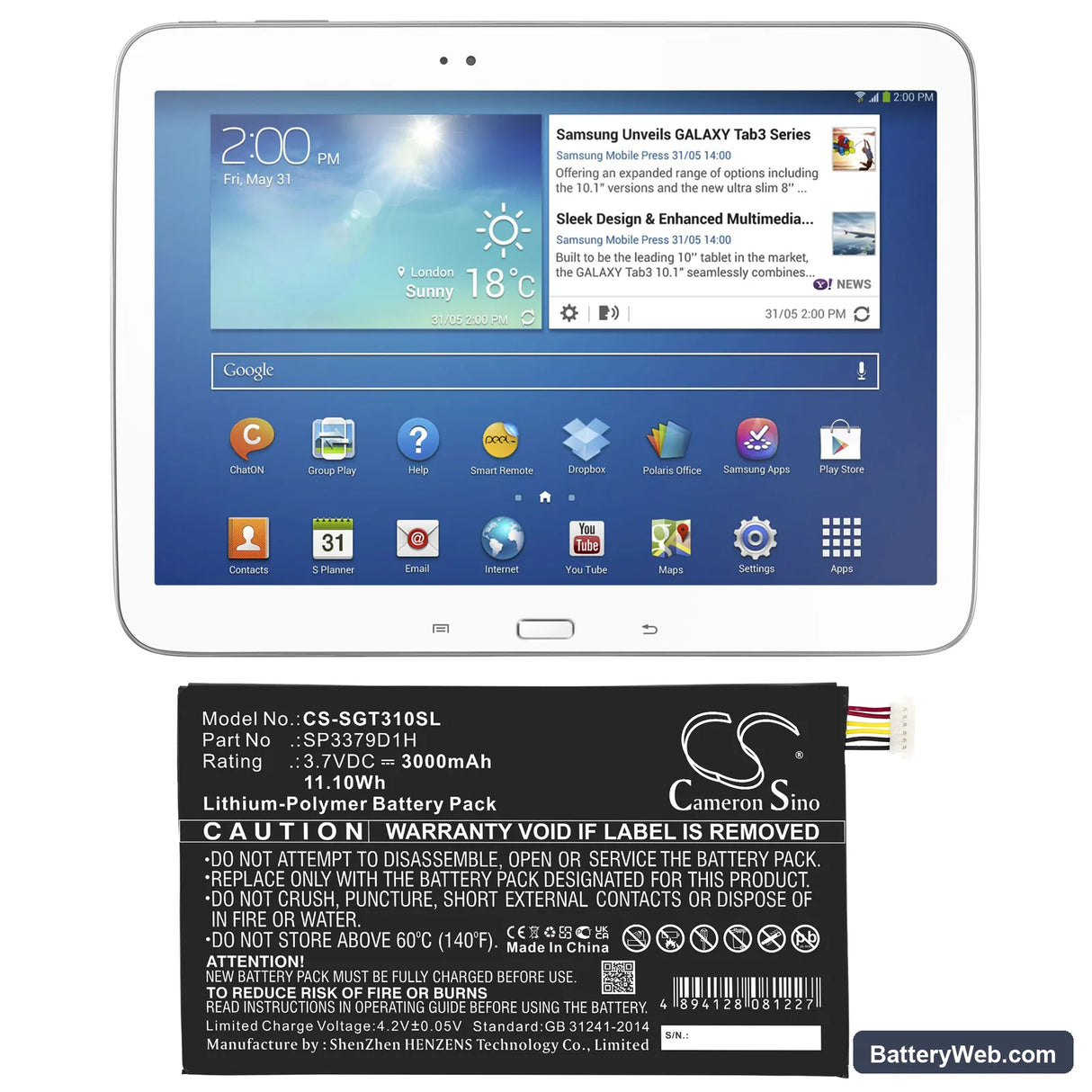 Samsung Galaxy Tab3 Replacement Battery, 3.7V, 3000mAh, Li-Polymer 6