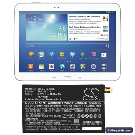 Samsung Galaxy Tab3 Replacement Battery, 3.7V, 3000mAh, Li-Polymer 6