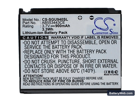 Samsung SGH-U940 Replacement Battery, 3.7V, 900mAh, Li-ion 1