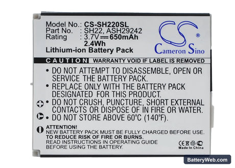 Sharp SH-06A Replacement Battery, 3.7V, 650mAh, Li-ion 1