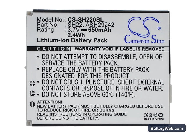 Sharp SH-06A Replacement Battery, 3.7V, 650mAh, Li-ion 1