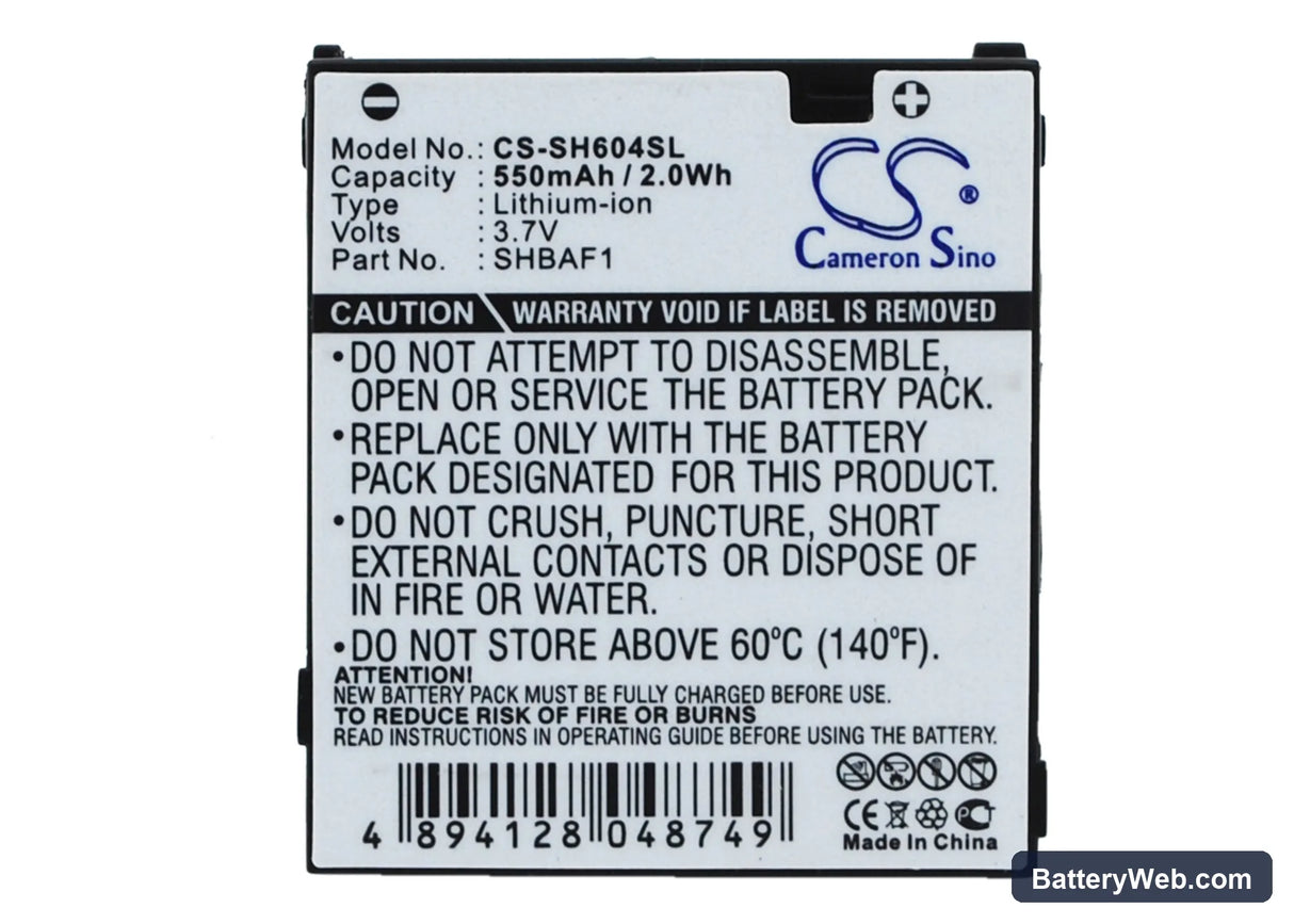 Sharp V604SH Replacement Battery, 3.7V, 550mAh, Li-ion 1
