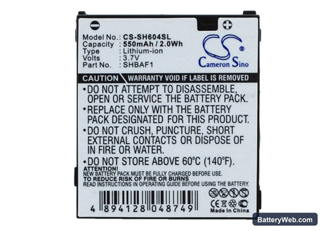 Sharp V604SH Replacement Battery, 3.7V, 550mAh, Li-ion 1
