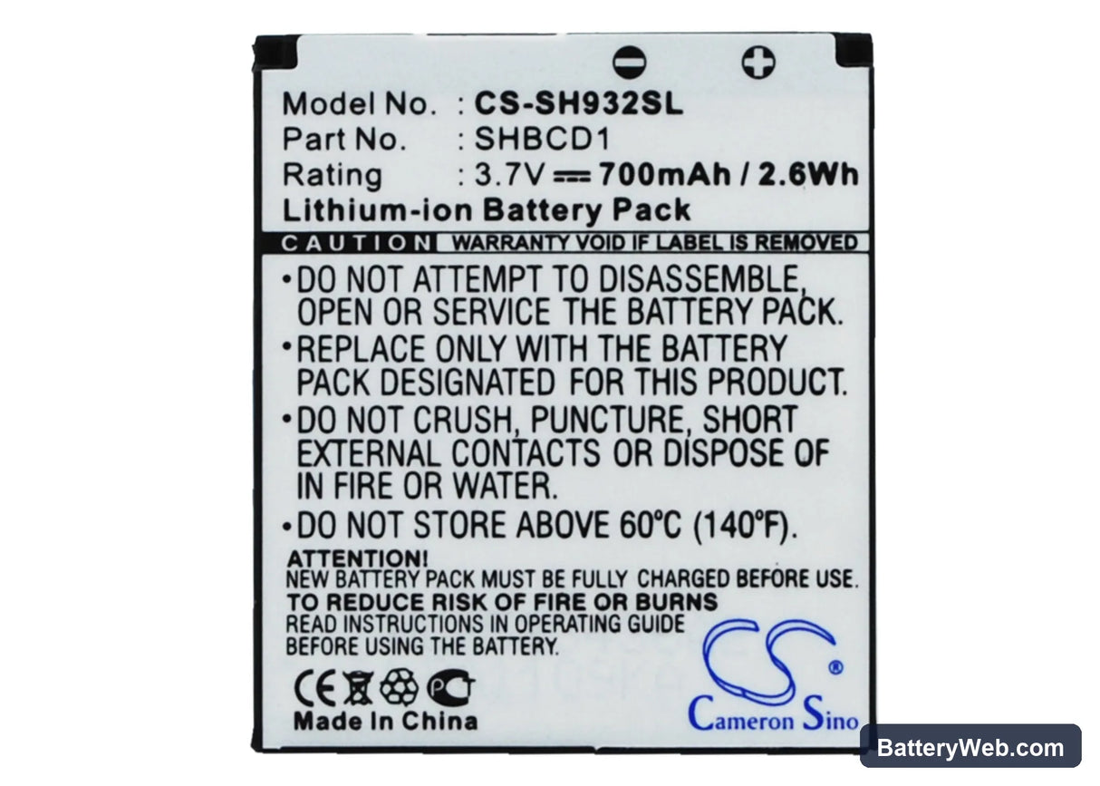 Sharp 932SH Replacement Battery, 3.7V, 700mAh, Li-ion 1