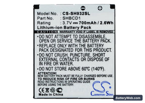 Sharp 932SH Replacement Battery, 3.7V, 700mAh, Li-ion 1