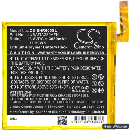 Sharp Aquos R Replacement Battery, 3.8V, 3050mAh, Li-Polymer 3