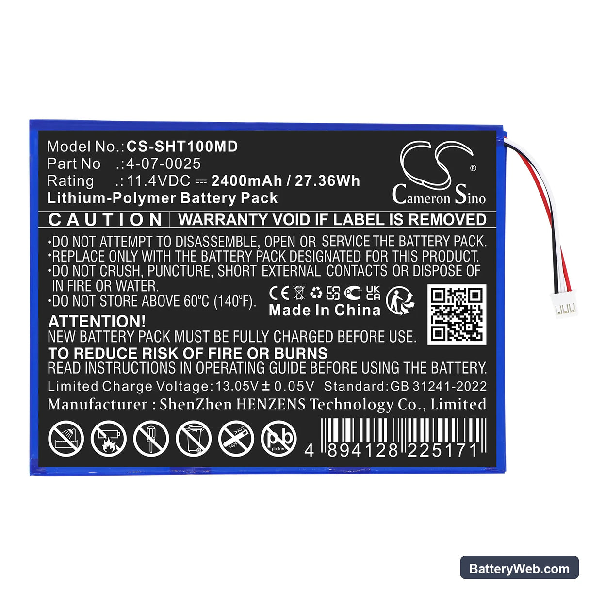 Schiller FT1 ECG Replacement Battery, 11.4V, 2400mAh, Li-Polymer 3