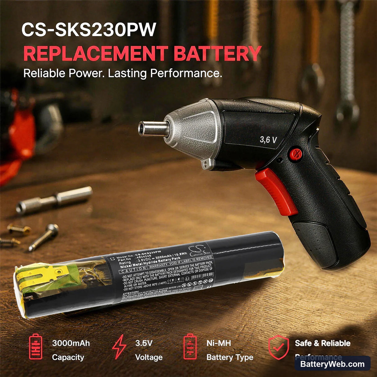 Skil 2000 Replacement Battery, 3.6V, 3000mAh, Ni-MH 4