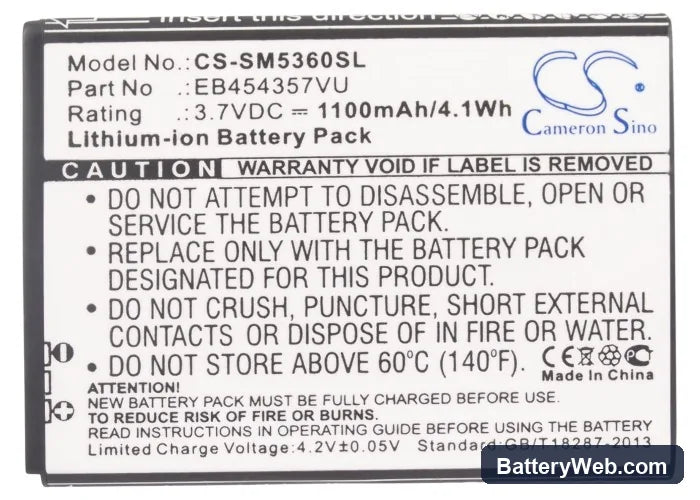 Samsung GT-S5360 Replacement Battery, 3.7V, 1100mAh, Li-ion 4