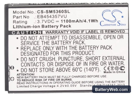 Samsung GT-S5360 Replacement Battery, 3.7V, 1100mAh, Li-ion 4