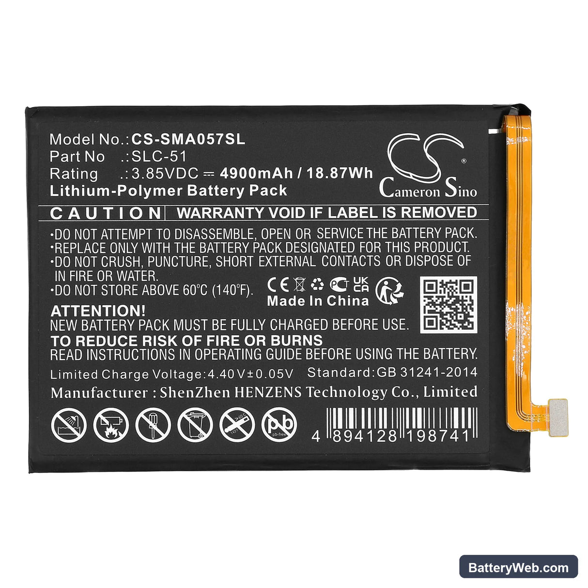 Samsung Galaxy A05s 2023 Replacement Battery, 3.85V, 4900mAh, Li-Polymer 3