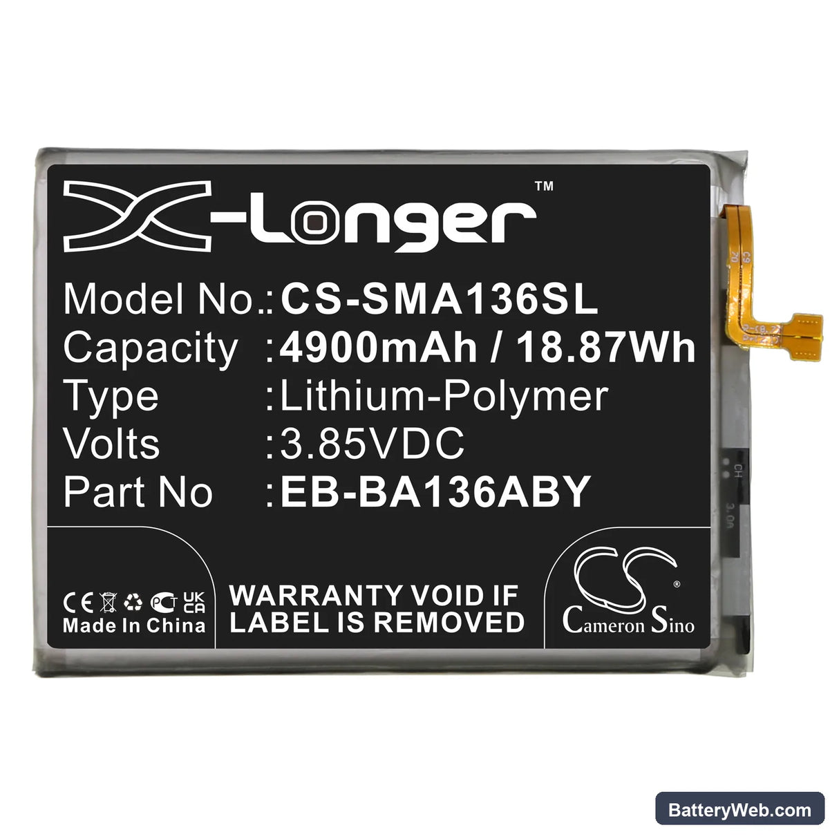 Samsung Galaxy A13 5G Replacement Battery, 3.85V, 4900mAh, Li-Polymer 3