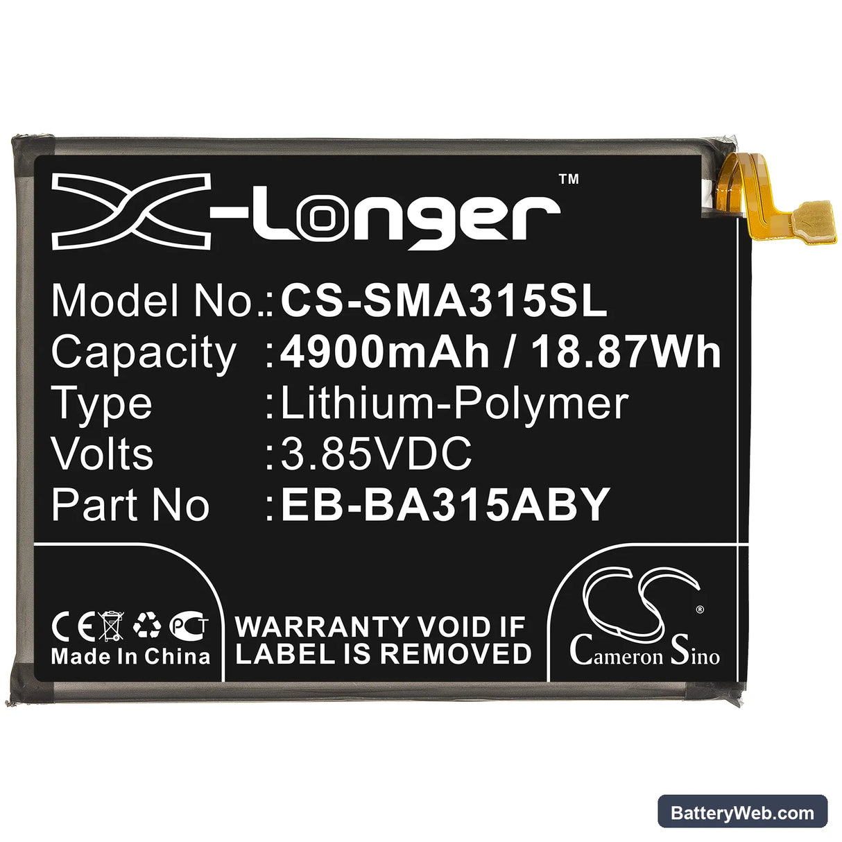 Samsung Galaxy A31 Replacement Battery, 3.85V, 4900mAh, Li-Polymer 3