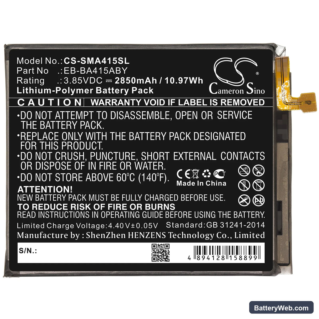Samsung Galaxy A41 2020 Replacement Battery, 3.85V, 2850mAh, Li-Polymer 3