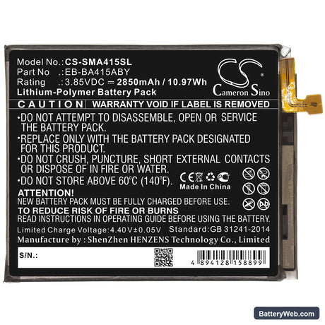 Samsung Galaxy A41 2020 Replacement Battery, 3.85V, 2850mAh, Li-Polymer 3