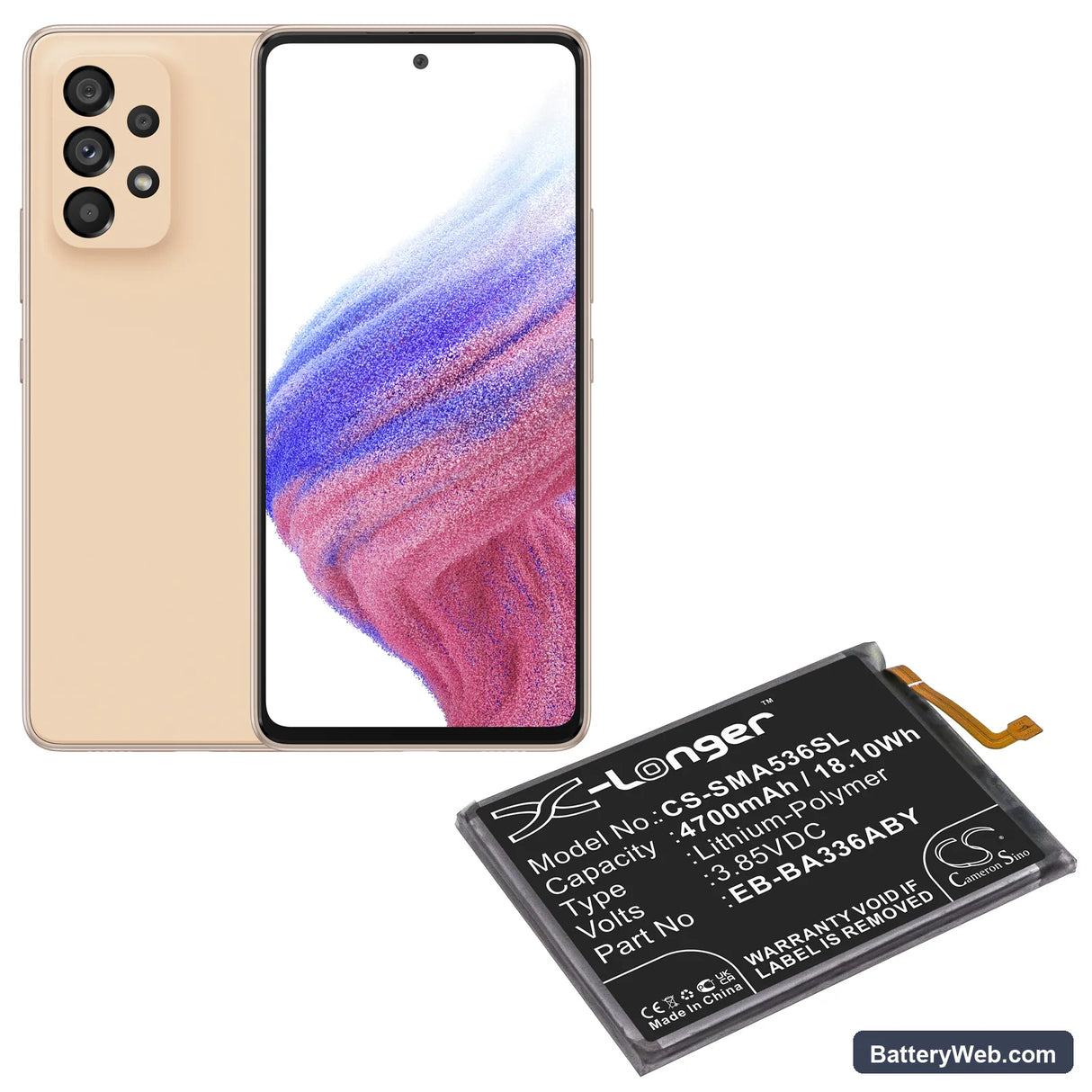 Samsung Galaxy A53 5G 2022 Replacement Battery, 3.85V, 4700mAh, Li-Polymer 5