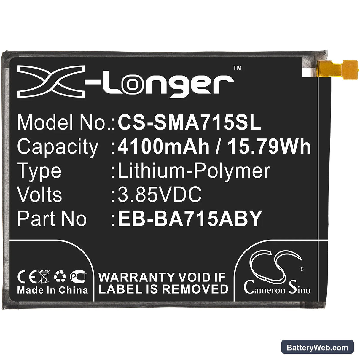 Samsung Galaxy A71 Replacement Battery, 3.85V, 4100mAh, Li-Polymer 3