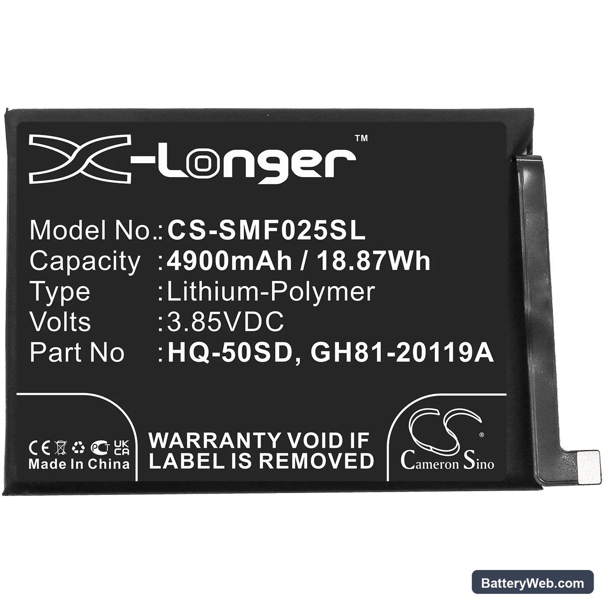Samsung Galaxy A02s Replacement Battery, 3.85V, 4900mAh, Li-Polymer 3