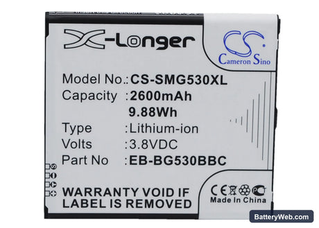Samsung Galaxy Grand Prime Replacement Battery, 3.8V, 2600mAh, Li-ion 1
