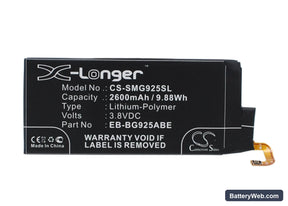 Samsung Galaxy S6 Edge Replacement Battery, 3.8V, 2600mAh, Li-Polymer 1