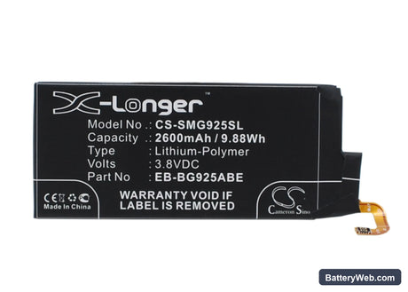 Samsung Galaxy S6 Edge Replacement Battery, 3.8V, 2600mAh, Li-Polymer 1