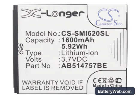 Samsung SGH-i620 Replacement Battery, 3.7V, 1600mAh, Li-ion 5