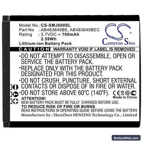 Samsung SGH-J600 Replacement Battery, 3.7V, 700mAh, Li-ion 3