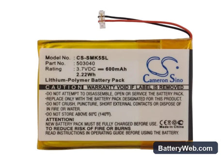 Samsung YP-K5 Replacement Battery, 3.7V, 600mAh, Li-Polymer 5