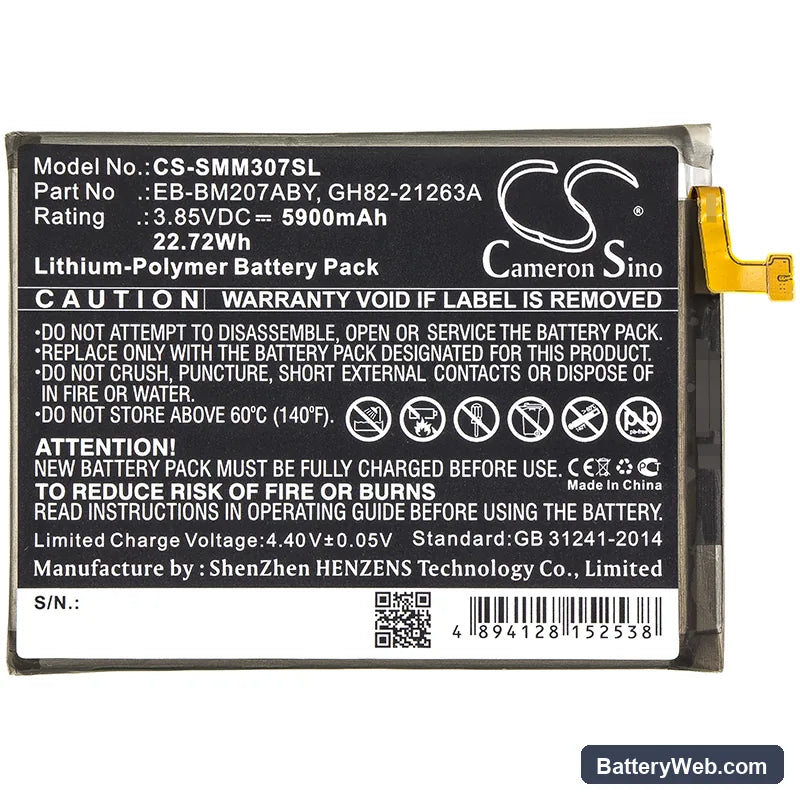 Samsung Galaxy M30s Replacement Battery, 3.85V, 5900mAh, Li-Polymer 3