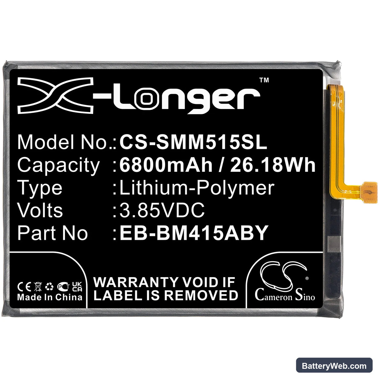Samsung Galaxy M51 Replacement Battery, 3.85V, 6800mAh, Li-Polymer 3