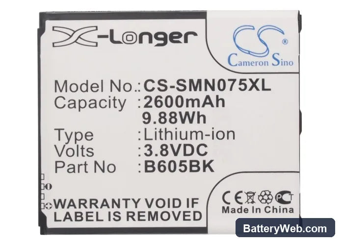 Samsung Galaxy J Replacement Battery, 3.8V, 2600mAh, Li-ion 5