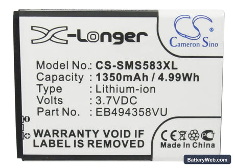 Samsung GT-S5830 Replacement Battery, 3.7V, 1350mAh, Li-ion 5
