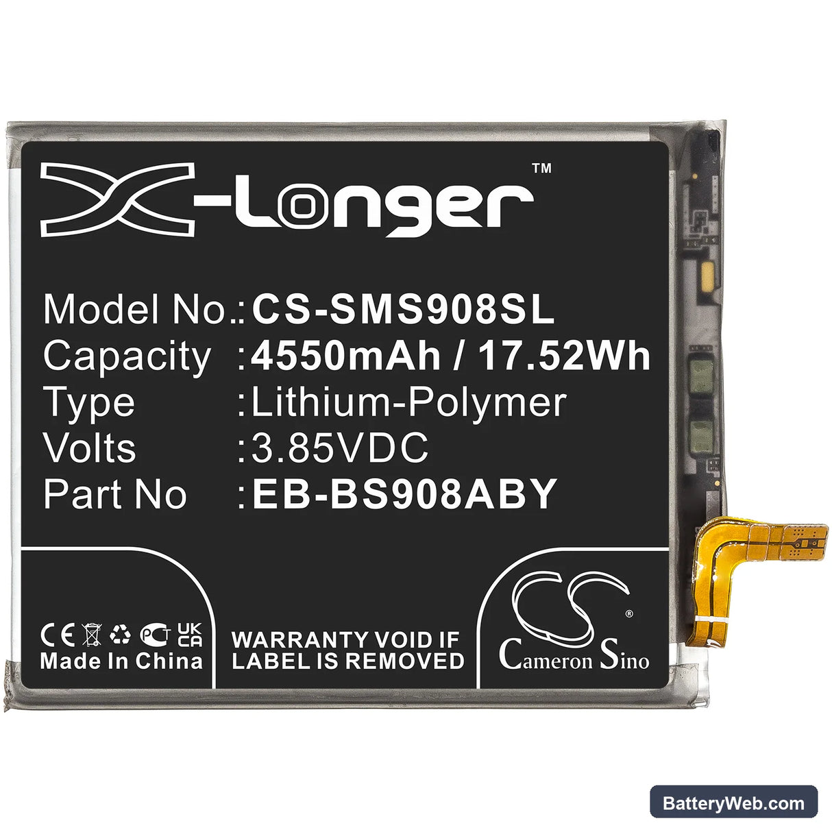 Samsung Galaxy S22 Ultra 5G Replacement Battery, 3.85V, 4550mAh, Li-Polymer 3