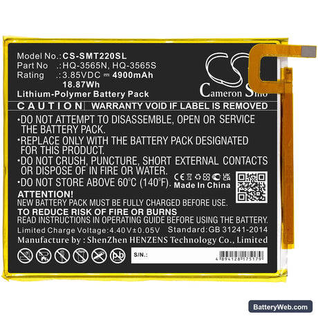 Samsung Galaxy Tab A7 Lite Replacement Battery, 3.85V, 4900mAh, Li-Polymer 3