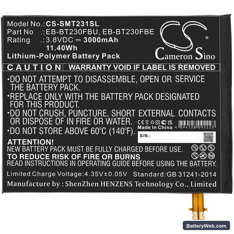 Samsung SM-T230NU Replacement Battery, 3.8V, 3000mAh, Li-Polymer 3