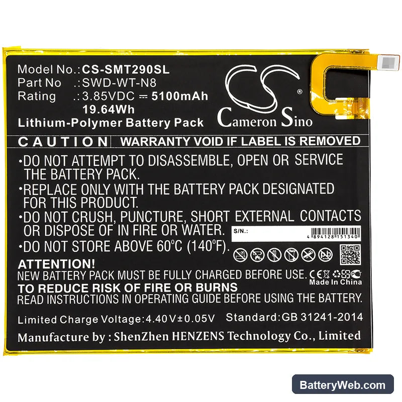Samsung Galaxy Tab A 8.0 2019 Replacement Battery, 3.85V, 5100mAh, Li-Polymer 3