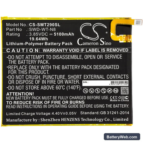 Samsung Galaxy Tab A 8.0 2019 Replacement Battery, 3.85V, 5100mAh, Li-Polymer 3