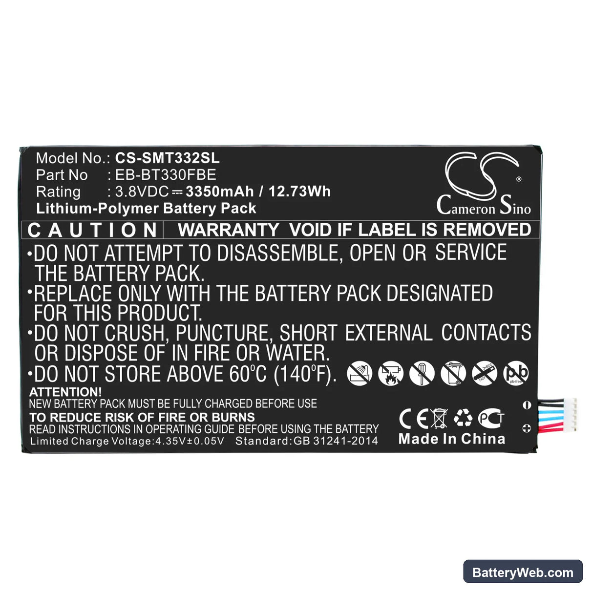 Samsung SM-T331 Replacement Battery, 3.8V, 3350mAh, Li-Polymer 3