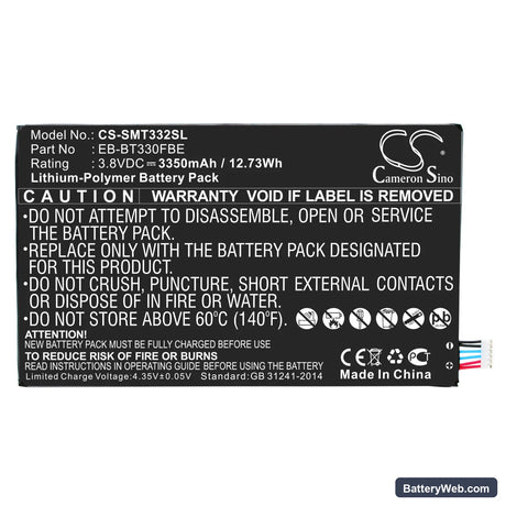 Samsung SM-T331 Replacement Battery, 3.8V, 3350mAh, Li-Polymer 3